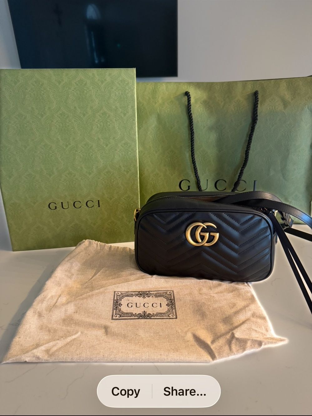 Gucci Black Quilted Leather GG Marmont Camera Bag with Gold Hardware